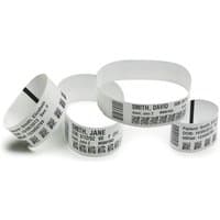 White Zebra Z-Band UltraSoft wristbands with black text and barcodes, designed for comfort and durability.