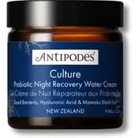 Antipodes Culture Probiotic Night Recovery Water Cream in a dark amber jar with a blue label, 60ml.