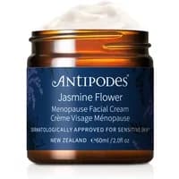 Antipodes Jasmine Flower Menopause Facial Cream in amber jar with navy label, 60ml size.