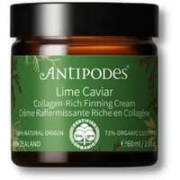 Antipodes Lime Caviar cream in a dark amber jar with a green label, 60ml, featuring organic certification symbols.
