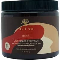 As I Am Coconut CoWash Cleansing Conditioner in a brown jar with black lid and colorful label, 454g size.