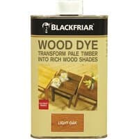 Blackfriar Light Oak Wood Dye 250ml, rectangular metal can with black lid and beige label featuring wooden furniture.