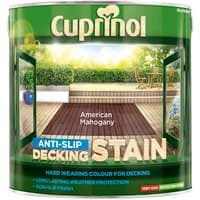 Cuprinol Anti-Slip Decking Stain can, American Mahogany, 2.5L, green label with deck image and product details.