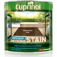 Cuprinol Anti-Slip Decking Stain can, Hampshire Oak color, with garden and decking image on label.