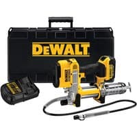 Yellow and black DeWalt 18V grease gun with 4Ah battery, charger, flexible hose, and black carrying case.