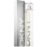 Clear rectangular DKNY Women Energize Eau de Parfum bottle with silver cap, next to matching silver box.
