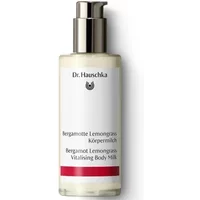 Dr Hauschka Bergamot Lemongrass Body Milk 145ml in a white bottle with silver pump and red label accents.