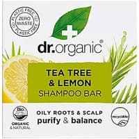 Dr. Organic Tea Tree & Lemon Shampoo Bar box with green leaf and lemon slice design, 75g size.