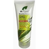 Dr. Organic Tea Tree Face Wash 200ml in a white tube with green leaf design and green label detailing benefits.
