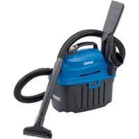 Blue and black Draper 10L wet and dry vacuum cleaner with hose and nozzle attachments.