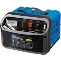 Blue and black Draper 12/24V 20-25A battery charger with analog gauge, handle, and multiple control switches.
