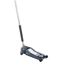 Blue Draper 2 tonne low profile trolley jack with quick lift, long handle, and black padded grip.