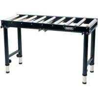 Black Draper 390MM roller table with silver rollers and adjustable legs, model RTB1.