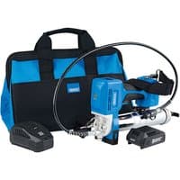 Blue Draper D20 20V grease gun kit with black handle, 2Ah battery, charger, and blue-black carrying bag.