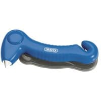 Blue Draper emergency window breaker and seatbelt cutter with ergonomic grip and pointed metal tip.