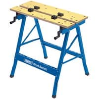 Blue and yellow Draper fold-down workbench with adjustable clamps and sturdy metal legs.