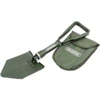 Green Draper folding steel shovel with triangular blade and D-handle, includes matching canvas storage pouch.