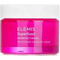 Pink jar of Elemis Superfood Midnight Facial Nourishing Sleeping Cream with white lid, 50ml size.
