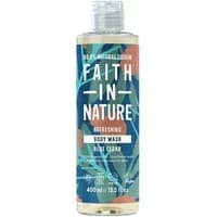 Faith in Nature Blue Cedar Body Wash 400ml, clear bottle with blue and green leaf design, flip-top cap