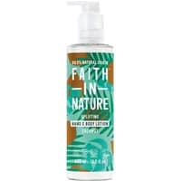Faith in Nature Coconut Hand & Body Lotion 400ml with tropical leaf design and pump dispenser.