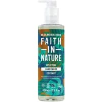Faith in Nature Coconut Hand Wash 400ml with pump, green and blue label, coconut imagery, eco-friendly design.