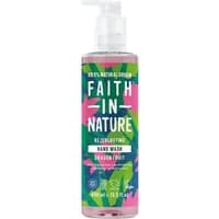 Pink and green bottle of Faith in Nature Dragon Fruit Hand Wash, 400ml, with pump dispenser and bold white text.