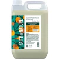 5L bottle of Faith in Nature Jojoba Shampoo with green label and orange floral design, white cap.