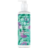 Faith in Nature Lavender & Geranium Hand & Body Lotion, 400ml pump bottle with green and purple leaf design.