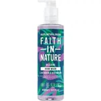 Clear bottle of Faith in Nature Lavender & Geranium Hand Wash, 400ml, with purple and green leaf design.