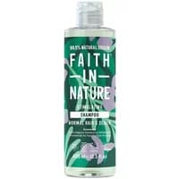 Clear bottle of Faith in Nature Rosemary Shampoo, green label with purple leaves, 400ml size.