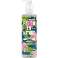 Clear bottle of Faith in Nature Wild Rose Hand Wash, 400ml, with floral label and pump dispenser.