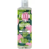 Clear bottle of Faith in Nature Wild Rose Shampoo, 400ml, with green and pink floral label design.