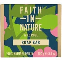 Wild Rose Soap Bar by Faith in Nature, 100g, with floral packaging in green, pink, and blue tones.