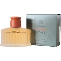 Amber fluted bottle of Laura Biagiotti Roma Uomo Eau de Toilette, 75ml, with a bronze cap and gray box.