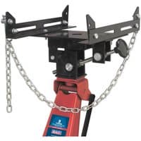 Red and black Sealey ADT200 transmission cradle with adjustable brackets and safety chains, 200kg capacity.