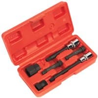 Red plastic case with six black and silver alternator freewheel pulley removal tools by Sealey.