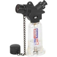 Clear Sealey butane micro heating torch with black nozzle, ignition button, and safety cap attached by chain.