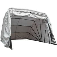 Sealey vehicle storage shelter, grey fabric with black metal frame, open front, 2.7 x 5.5 x 2.0m dimensions.