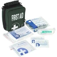 Green Sealey compact travel first aid kit with white cross, zipper pouch, and various medical supplies displayed.