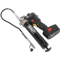 Black Sealey cordless grease gun with red trigger, flexible hose, and 18V battery pack.