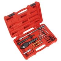 Red Sealey damaged glow plug removal set with various metal tools in a molded plastic case.