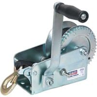 Sealey hand winch with black handle, silver gears, and webbing strap, 900kg capacity, metal frame with label.