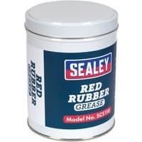 Sealey Red Rubber Grease 500g tin, white lid, blue label with red and white text, model SCS110