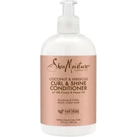 Shea Moisture Coconut & Hibiscus Curl & Shine Conditioner in white pump bottle with peach label, 384ml.