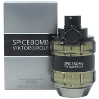 Black and silver grenade-shaped bottle of Viktor & Rolf Spicebomb Eau de Toilette, 90 ml, with branded box.