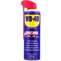WD-40 lubricant can, blue and yellow label, red cap, with attached flexible straw, 400ml size.