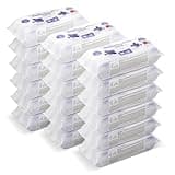 Stacked packs of white, unscented "by Amazon" sensitive baby wipes, 18 packs of 56 wipes each.