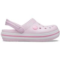 Pink toddler Crocs clog with white and pink striped sole, perforated top, and adjustable heel strap.