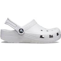 White Crocs Kids Classic Clog, Infant size 13, with perforated upper, heel strap, and textured sole.