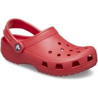 Red Crocs Toddler Classic Clog, Infant size 4, with ventilation holes, adjustable heel strap, and textured sole.